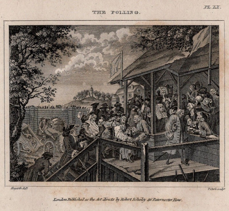 HOGARTH -Political Humor Satire Polling Election Original 1812 Copper Engraving