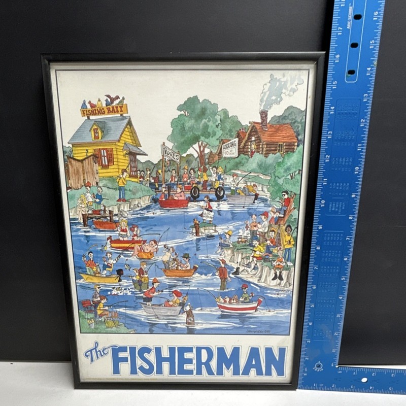 John Holladay The Fisherman Framed Art Print 1985 Fishing Cartoon Portrait
