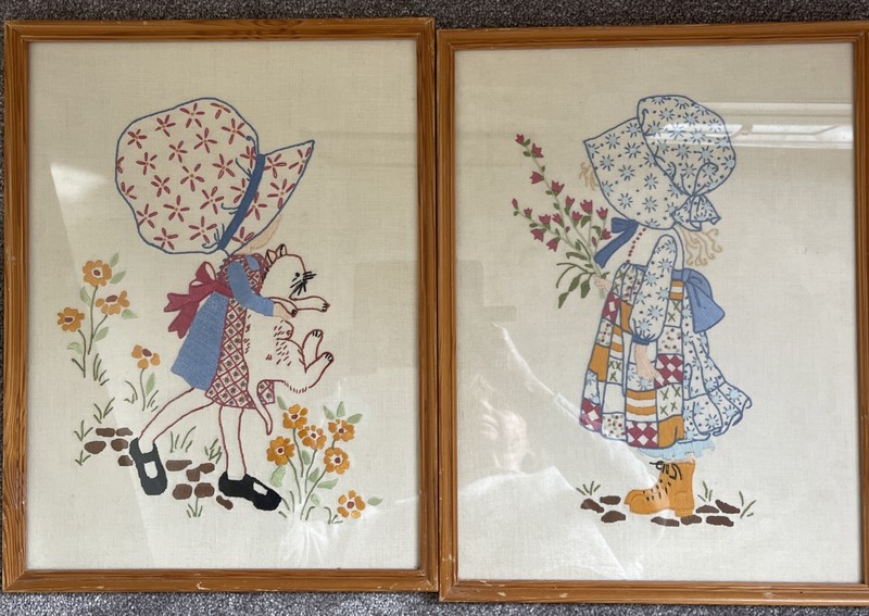 Vintage Pair Original 1970s Needlework Patchwork Holly Hobbie framed 32 x 42cm