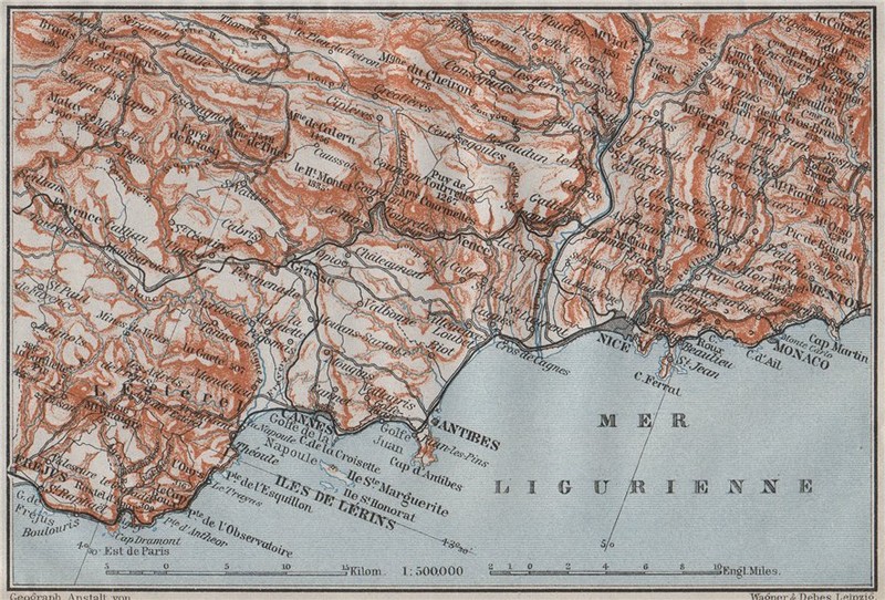 COTE D’AZUR/ de L’Esterel. Cannes Antibes Nice Monaco Frejus Lérins 1907 map