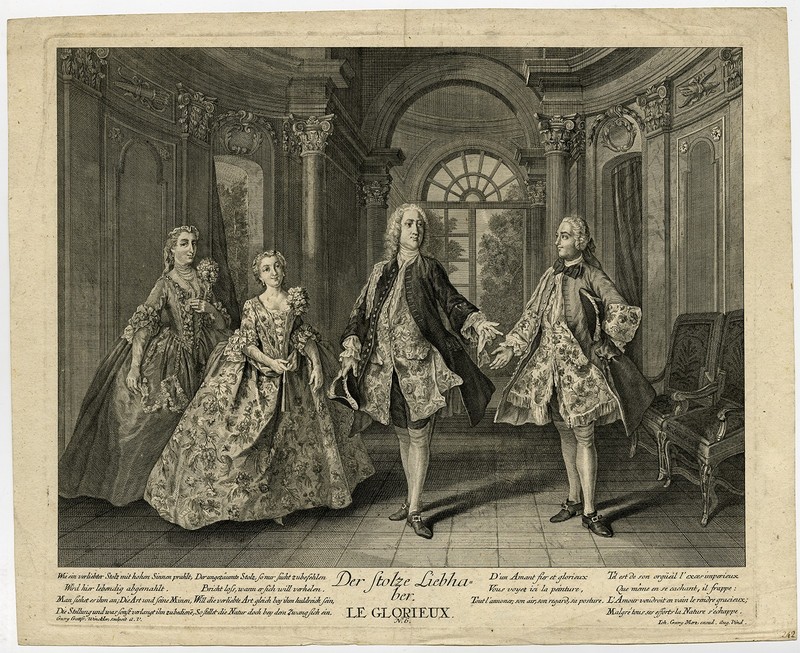 Antique Master Print-PROUD LOVER-ALLEGORY OF VANITY-NOBLE-Winckler-ca. 1760