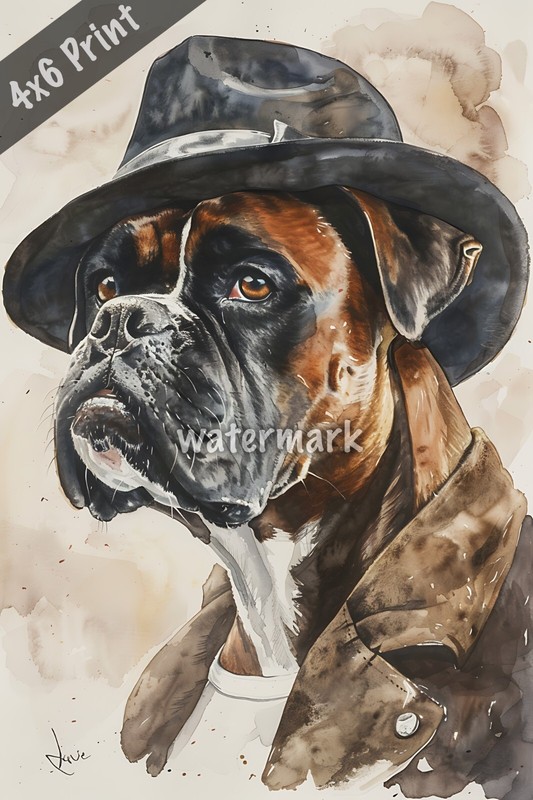 Dog Boxer in a detectives hat watercolor Art 4x6 Print