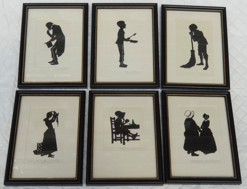 6 Charles Dickens Characters Black & White Framed Silhouettes Vintage