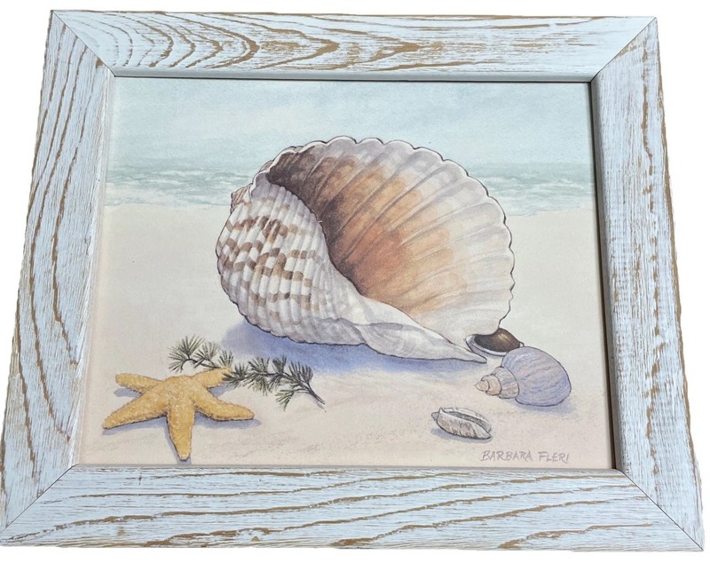 Barbara Fleri Signed Print Beach Scene Sea Shells Distressed Wood Frame