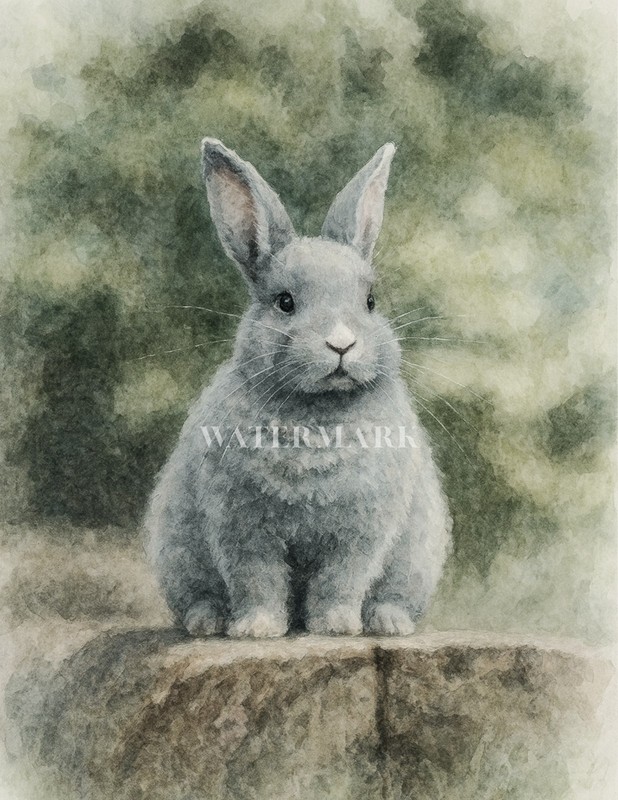 Woodland Gray Bunny Watercolor Art Print Rabbit Nursery Cute Animal Wall Decor