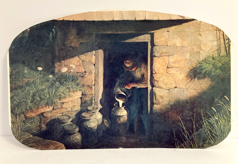N.C. Wyeth Art Print Stone SPRING HOUSE 1944 Farmer Milk Cans 10 x 16 oval VTG
