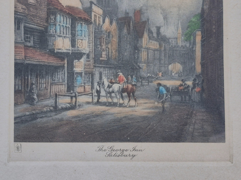 Vintage Aquatint Print "The George Inn, Salisbury" with the Artist stamp, Framed gallery