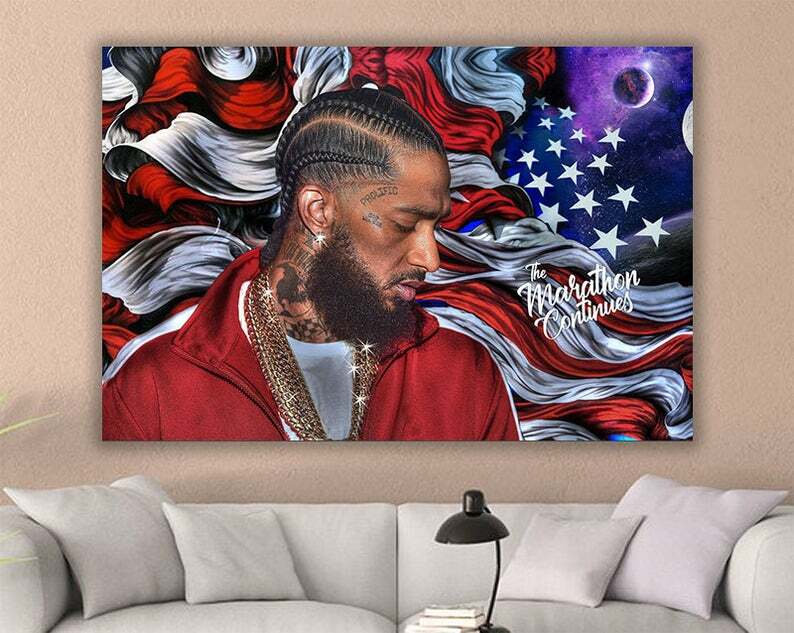 Canvas print of "Nipsey Hussle with Flag" Ready-to-hang art better than a poster