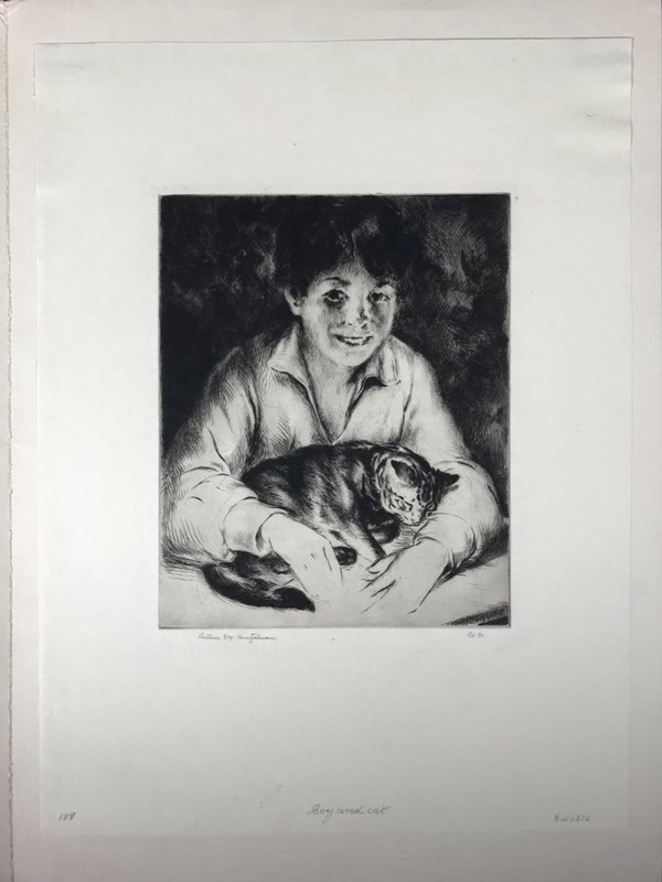 Arthur Heintzelman. “Boy and Cat” Drypoint Signed LE etching on laid paper.