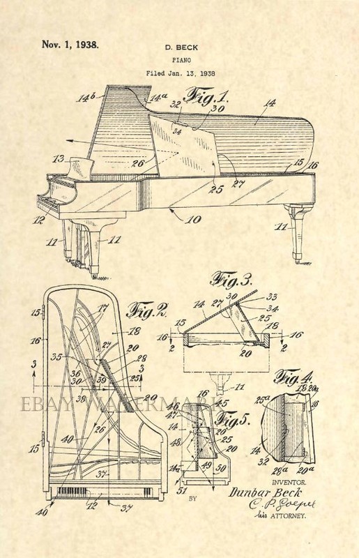 Official Steinway Piano US Patent Art Print – Vintage 1938 – Stunning Antique 70