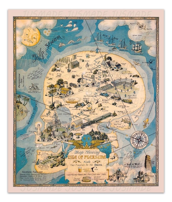 MAP SHOWING THE ISLE OF PLEASURE 1931 Funny Anti-Prohibition Vintage Art PRINT