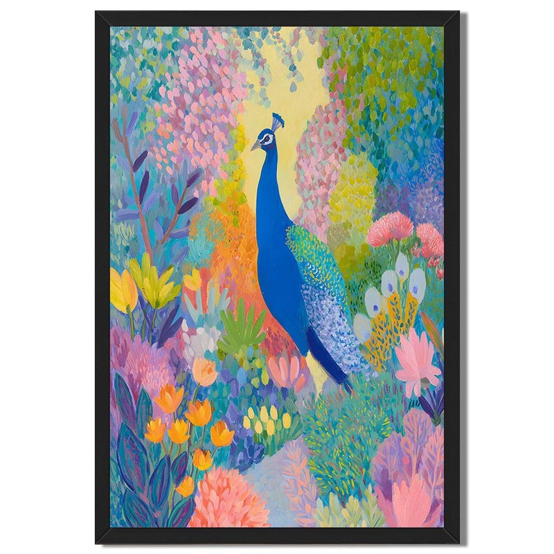 Vibrant Peacock Garden Framed Canvas Print Tropical Bird Wall Art Home Decor