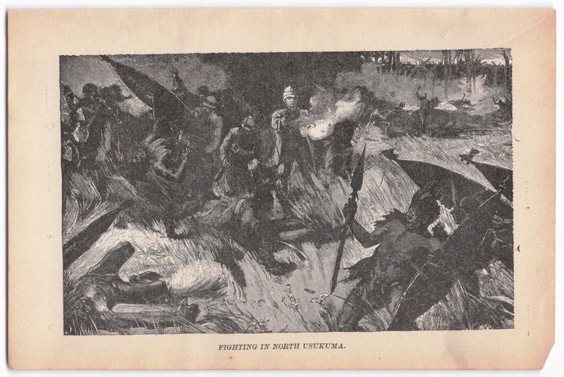 VTG African Tribal Warfare Wood Engraving Print "Fighting in North Usukuma" 1889