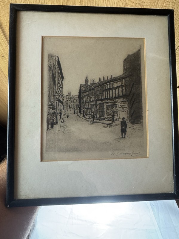 Pair of Etchings by W Edwin Law. Framed. Manchester/London 24cm X 27cm gallery