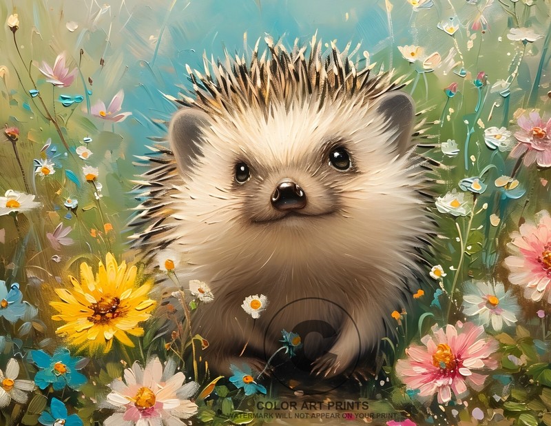 Cute Hedgehog Playing In A Field Of Flowers Giclée Art Print 8.5×11