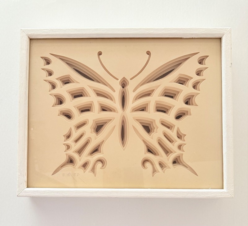 Vintage 70s Signed Jack Eisner Three Dimensional Paper Butterfly Glass Framed