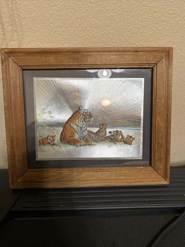 Framed Josephine Marsh Holographic Foil Paper Of Tiger, Cubs 10.5″ x 12.25″