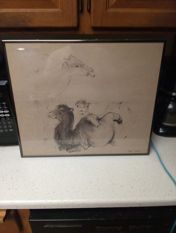 Vintage Meyer Garlen «Camels» Wildlife Lithograph Print Sketch Boho Framed
