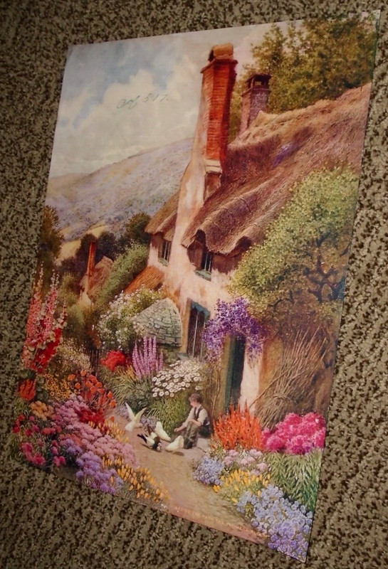 Claude Strachan Cottage Flowers Boy Feeding Birds 14"x10.25" Print VTG FREE SHIP