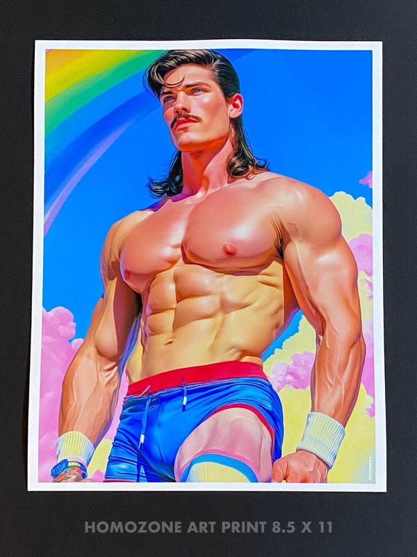 Gay Muscle Art Print Shirtless Man Rainbow Sky Retro Pride Poster 8.5×11