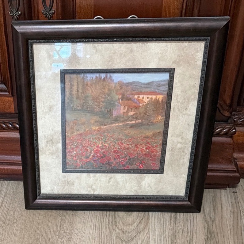 Framed Tuscan Poppy Field Art Print Brown Wood Frame Countryside Landscape