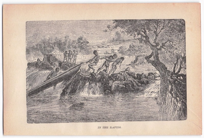Vintage "IN THE RAPIDS" Congo River Exploration Wood Engraving Print Africa