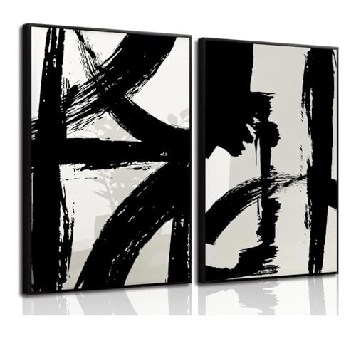 Set of 2 Framed Black and White Brush Stroke Canvas Wall Art 12inx16in Framed