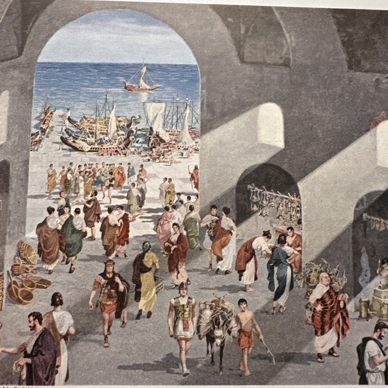 Vintage 1946 Roman Port Market Wharf Ships Color Art Print Page