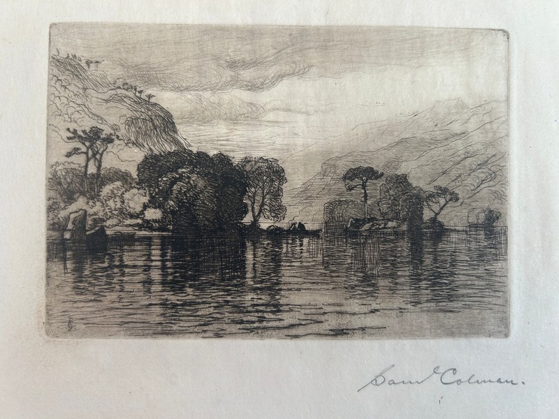 Samuel Colman Original Signed Intaglio Etching Landscape Lake Scene Print