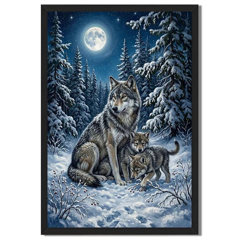 Wolf Family Moonlit Winter Forest Wall Art Canvas Oil Paintings Reproduction