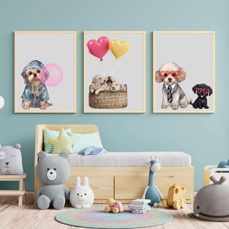 Prints Children’s Bedroom Wall Art Posters 3 Set Cute Dogs Baby Nursery Print