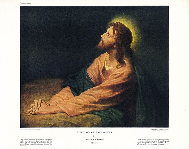 H HOFMANN Vtg Rare Mid Century c1946 Print of Jesus, WHILE I GO AND PRAY YONDER
