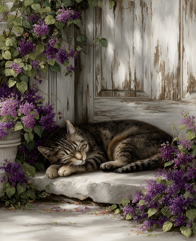 8×10 Cat Sleeping on Stone Ledge by a Door Art Print – 852463012