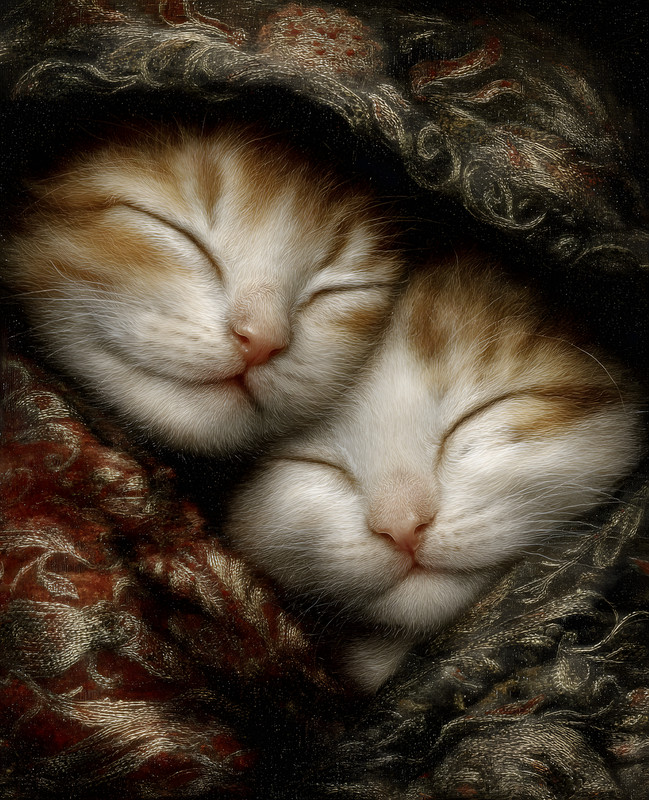 8×10 Two White and Orange Cats Sleeping on Blanket Art Print – 503922125