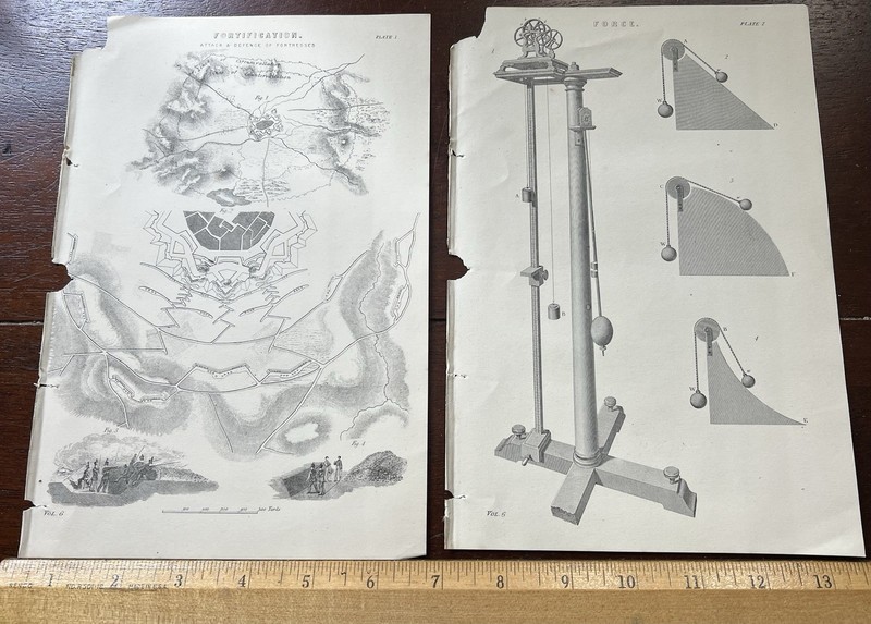 2 Antique Prints c1870, 9 5/8 x 6 1/2 in. FORTIFICATION, FORCE