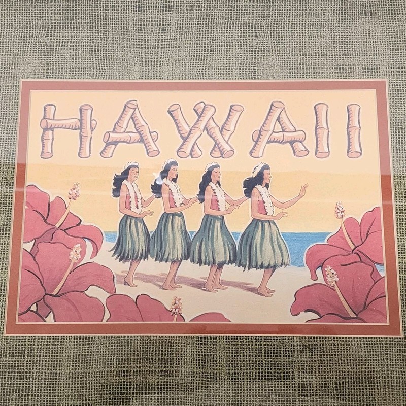 Kerne Erickson Hawaii Art Print Framed Faux Bamboo Hula Dancers Tropical Decor