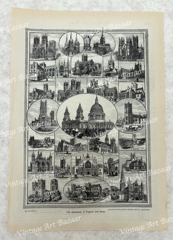Cathedrals Britain England Wales Illustration 1884 antique Victorian art print