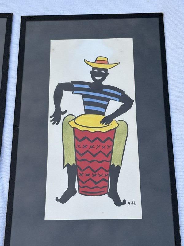 Vintage 50’s MCM Musician Trio Caribbean Folk Art Watercolor Prints Set Of 3 gallery
