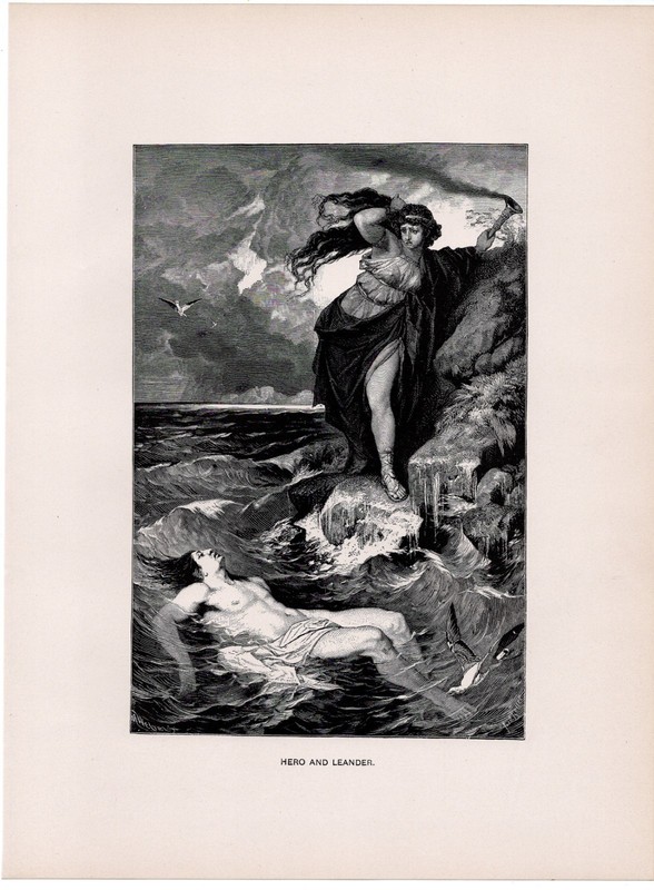 HERO AND LEANDER - Mythology Tragic Lovers by the Sea 1892 Antique Engraving gallery