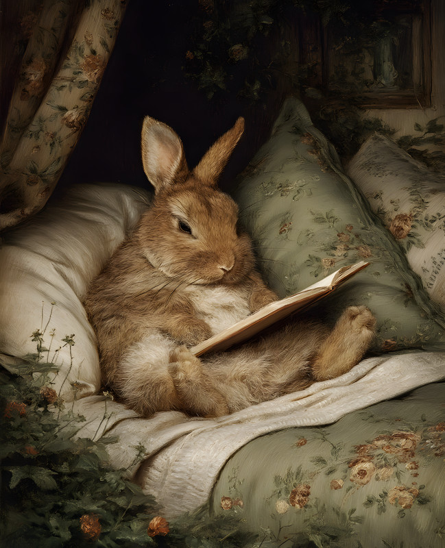 8×10 Rabbit Reading a Book on Bed Art Print – 527359578