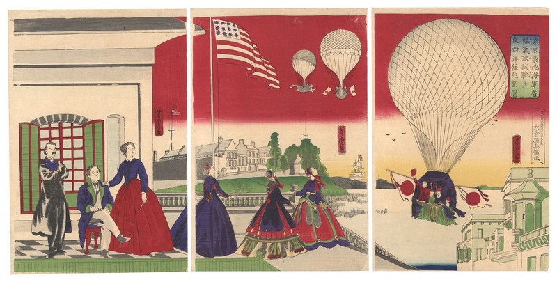 Yoshitora Meiji Woodblock Print Balloon Flight Naval Institute Tsukiji Triptych
