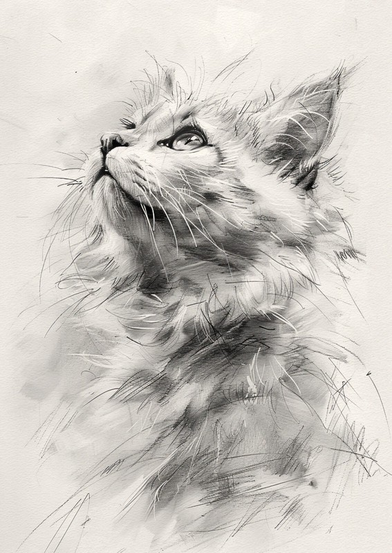 Curious Cat Drawing 12"x8" Print on Matte Paper | Ink and Pencil Artwork gallery