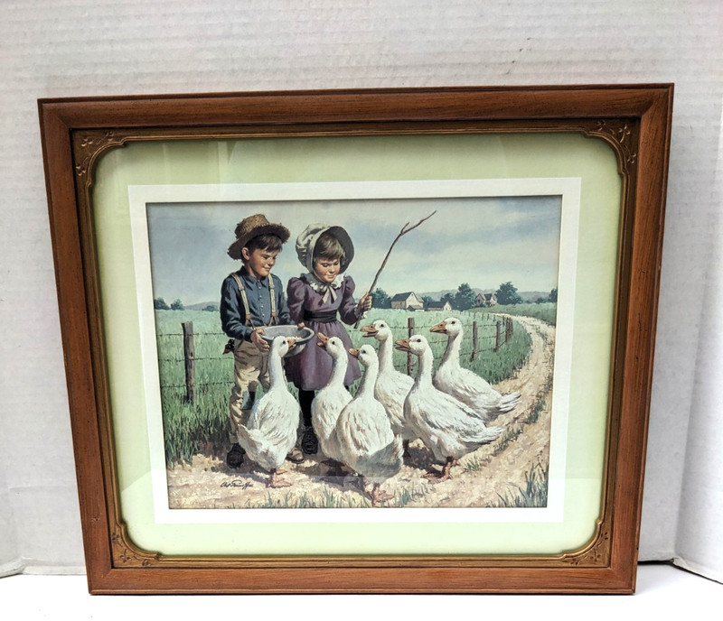 Children Feeding Geese Arthur Sarnoff 16″ x 19″ Framed Print Homco 1988