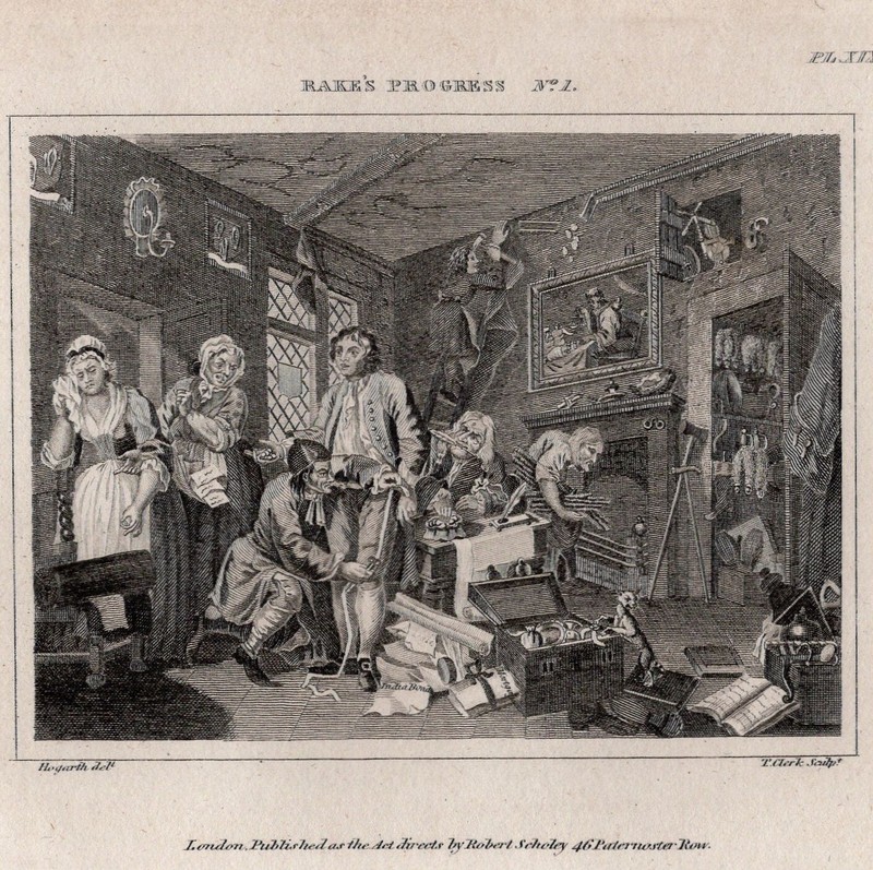 HOGARTH -Rake’s Progress No.1 Tailor Servants Inheritance 1812 Antique Engraving