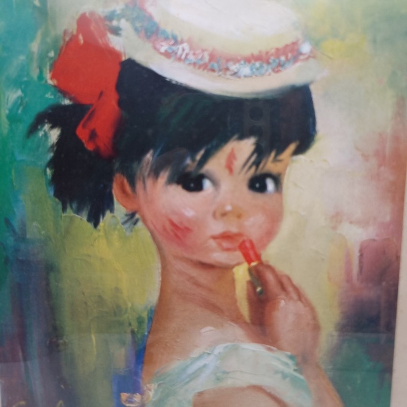 Kitsch 60s Print Big Eye Girl Soulet Lipstick Hat Vintage Wall 9" Tape Frame gallery