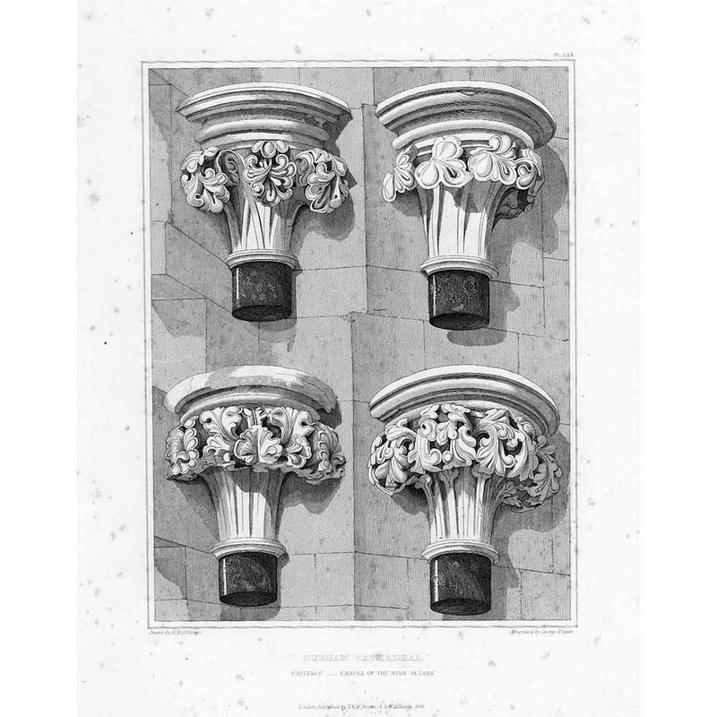 DURHAM CATHEDRAL Capitals Chapel of the Nine Altars – Antique Print 1841