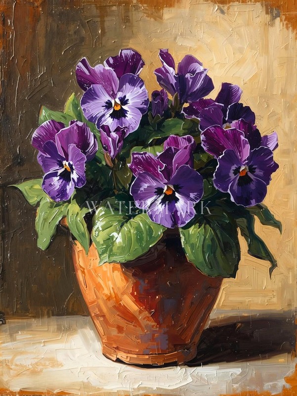 Terracotta Pot with Pansies Purple Flowers Oil Painting 8″ x 10″ Print