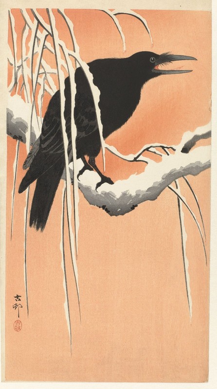 Ohara Koson Crow on Snowy Branch Japanese Woodblock Print Antique Shin-Hanga Art