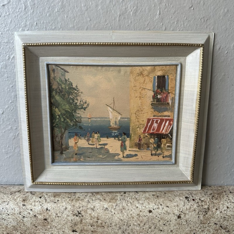 Vtg Small 8”x6.5” Print Impressionist Seaside Mediterranean MCM Plastic Frame
