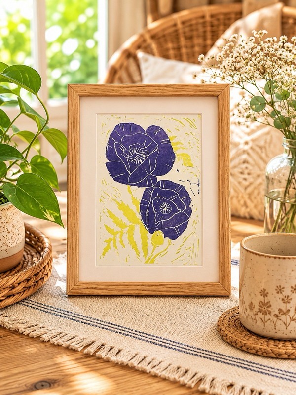Lavender Poppy Linocut Print Hand Pulled Botanical Floral Block Print Wall Art gallery